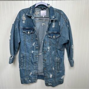 Zara Trafaluc Denimwear Heavily Distressed Long Jean Jacket Women’s Size Medium